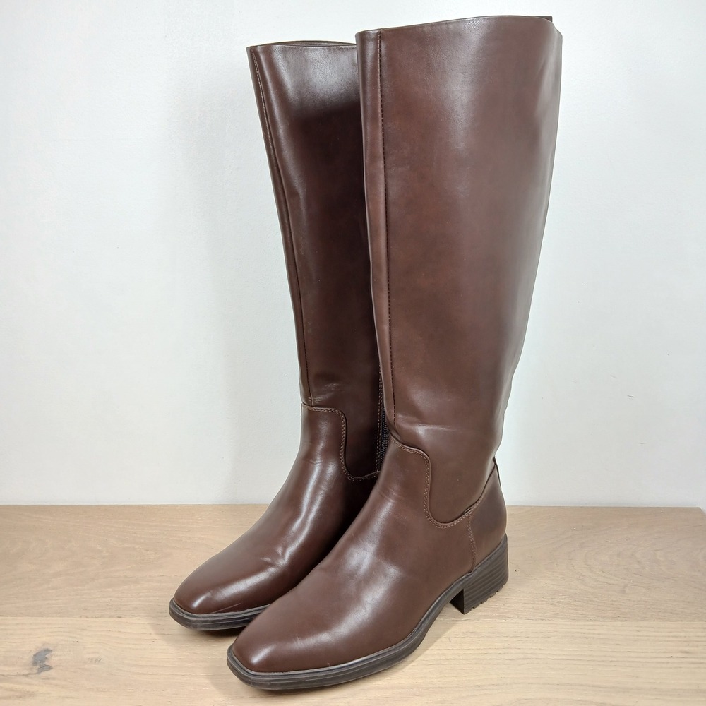 Nine West Knee High Boots Women 8 Brown Leather Side Zip Block Heel Classic